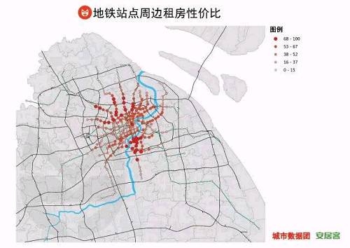 由圖可知，僅從通勤圈覆蓋崗位數(shù)的角度，租房性價(jià)比和二手房性價(jià)比*的站點(diǎn)分布在8號(hào)線的浦東區(qū)域和1、3、7號(hào)線的內(nèi)環(huán)以北區(qū)域。總體而言，這些地區(qū)可以方便地可達(dá)至相對(duì)多的就業(yè)崗位，同時(shí)還保持在相對(duì)合理的房價(jià)區(qū)間。換句話說，這些可以認(rèn)為是性價(jià)比較高的地鐵房。